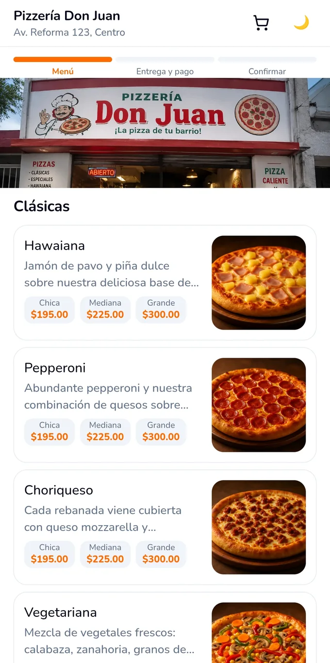 Menú público de un negocio en Mandoo con fotos, precios por tamaño y pedido en línea