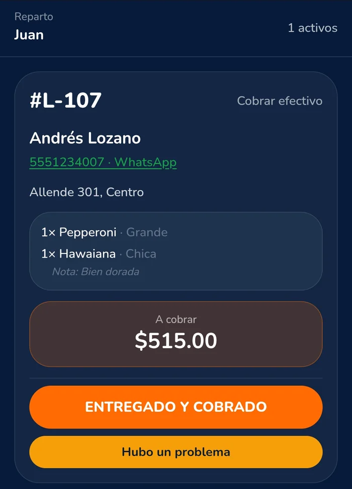 Pantalla del repartidor con el domicilio, el detalle del pedido y el monto a cobrar