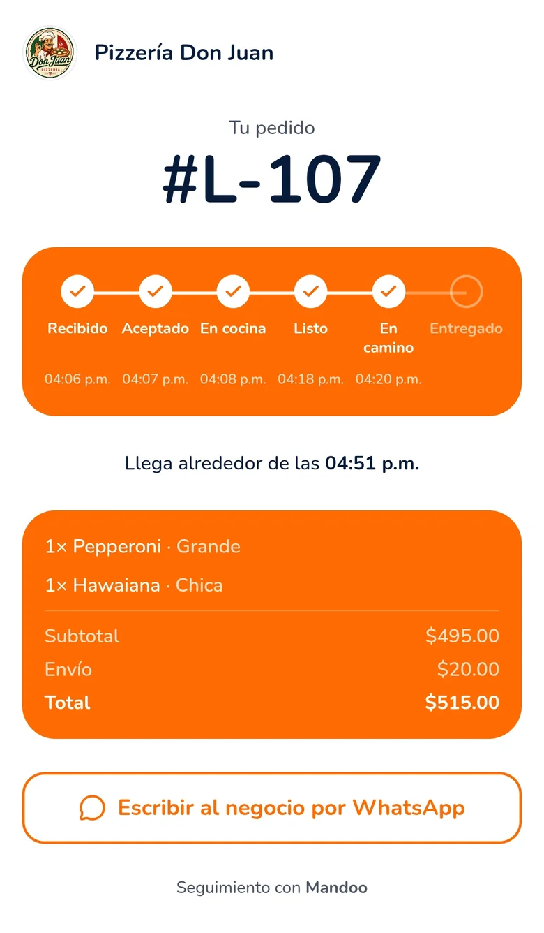 Pantalla de seguimiento que ve el cliente con el avance de su pedido y la hora estimada