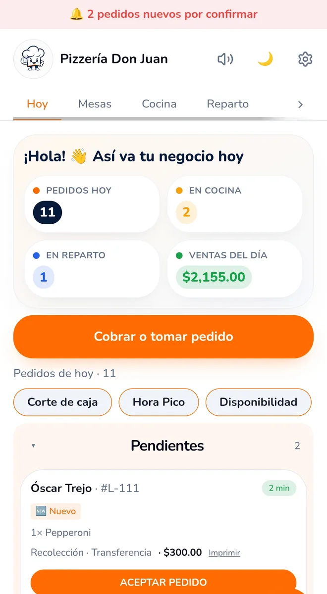 Tablero real de Mandoo mostrando pedidos del día